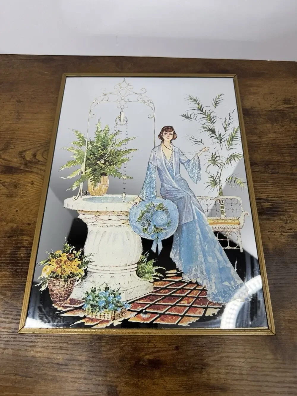 Vintage Reverse Painted Mirrored Glass 1970s Art Deco Boho Woman In Blue Plants